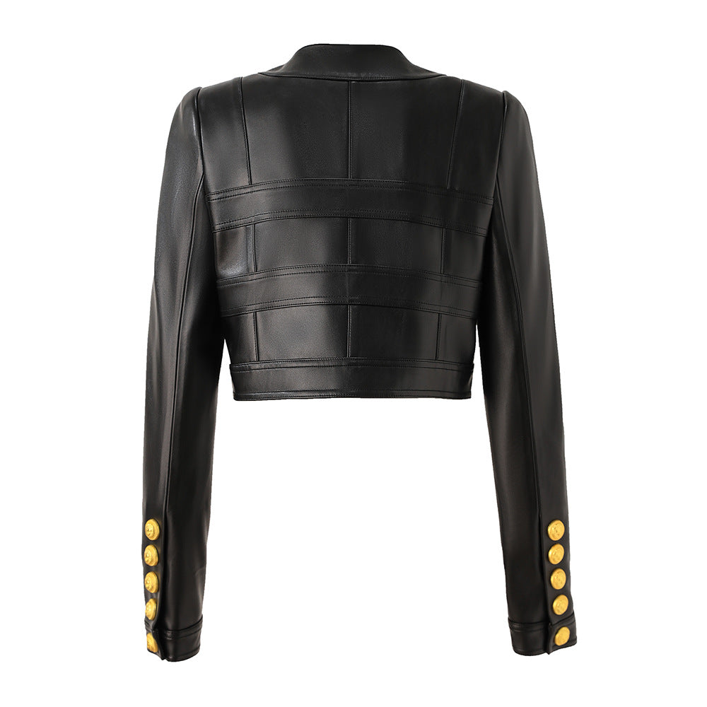 2023 Europe and the United States cross-border PU leather splicing small round neck shoulder pad cardigan high street wind small coat top temperament small jacket