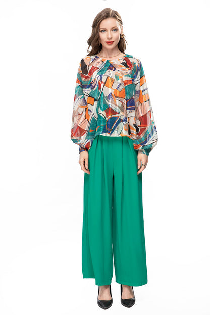 Europe and the United States spring and summer cross-border women's new temperament French printed fashionable top waist wide leg trouser set 231008