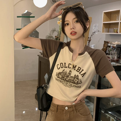Spice Girl V-neck short-sleeved T-shirt female summer new American retro design feeling base shirt female short student top women's dress