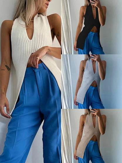 Knitted split medium long vest Europe and the United States spring and summer a generation of cross-border low-cut backless sexy blouse