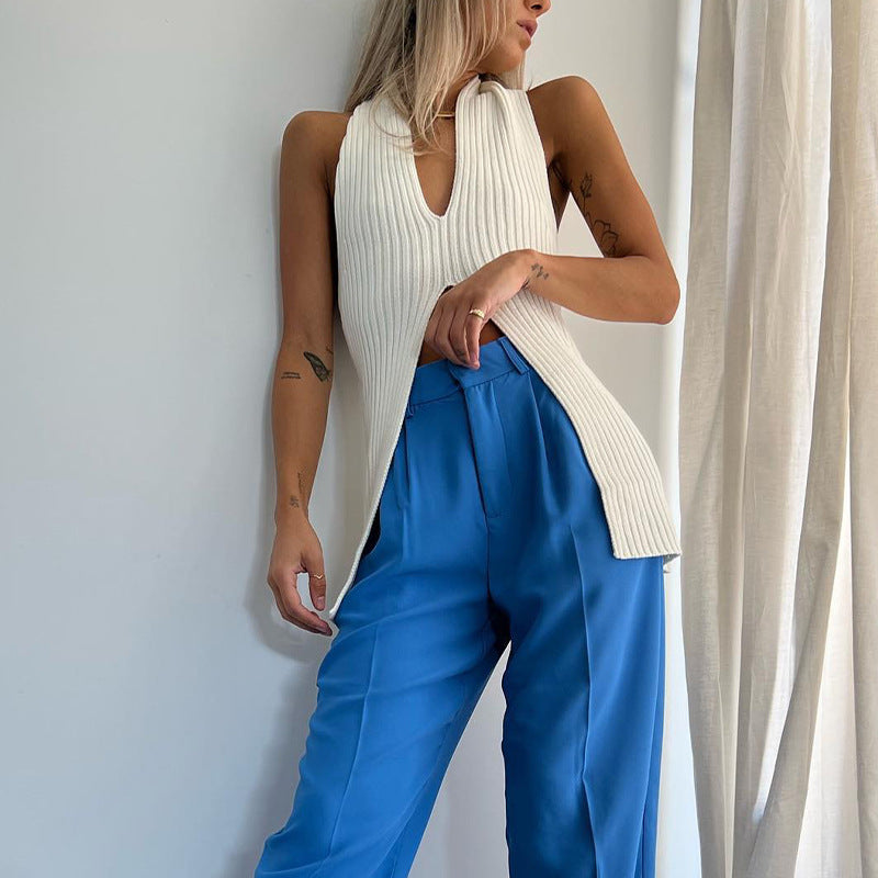 Knitted split medium long vest Europe and the United States spring and summer a generation of cross-border low-cut backless sexy blouse