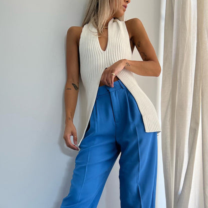 Knitted split medium long vest Europe and the United States spring and summer a generation of cross-border low-cut backless sexy blouse