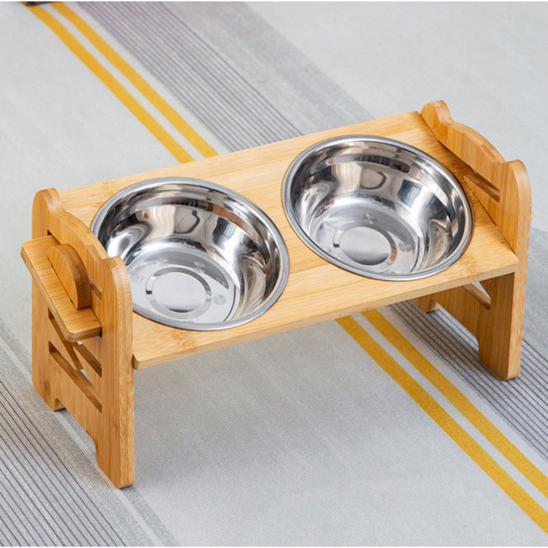 Cat bowl rack feeder, bamboo and wood pet dog food, double bowl stand feeding rack, pet bowl meal rack