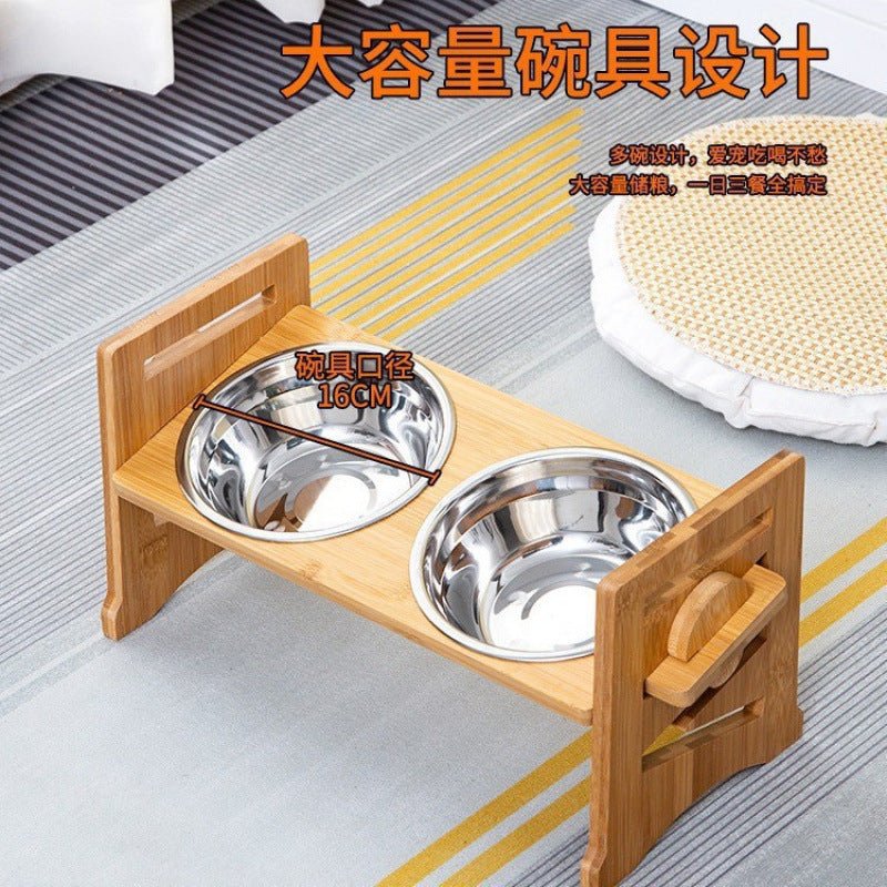 Cat bowl rack feeder, bamboo and wood pet dog food, double bowl stand feeding rack, pet bowl meal rack