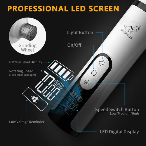 3-level LED dual-light pet nail sharpener, LCD liquid crystal screen, high-power electric nail tool for cats and dogs, charging nail trimming device