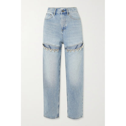 Europe and the United States cross-border 2023 new autumn nine-minute pants women crystal decorated high-waisted straight leg jeans