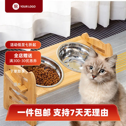 Cat bowl rack feeder, bamboo and wood pet dog food, double bowl stand feeding rack, pet bowl meal rack