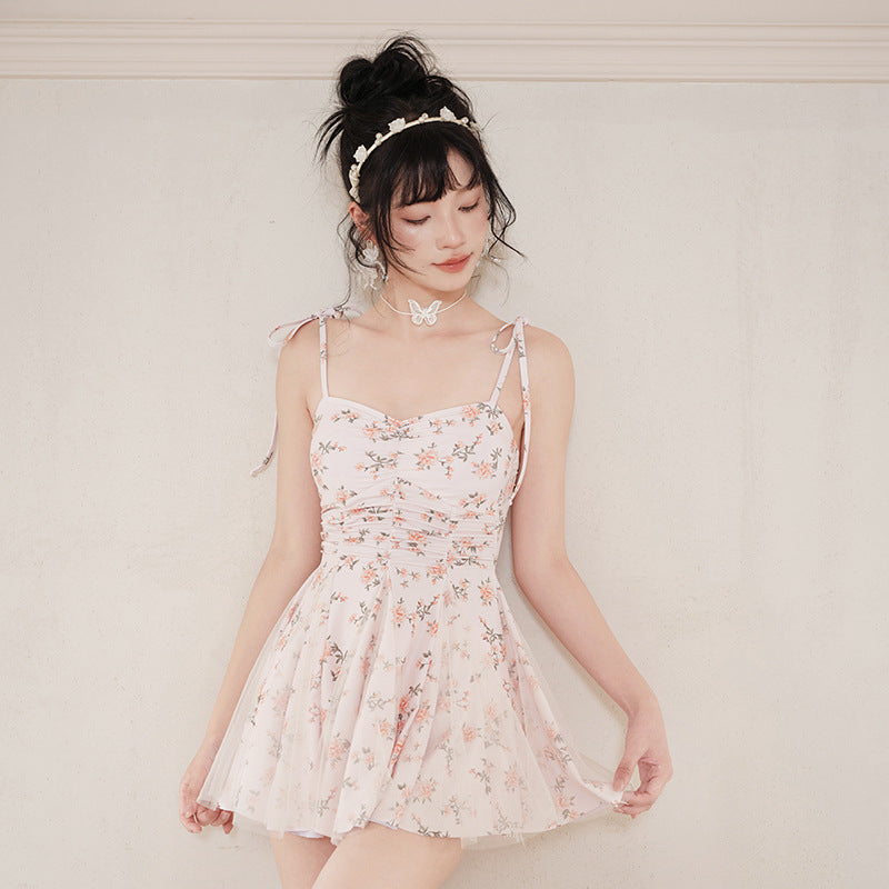 Floral covered belly thin advanced sense 2023 new net red pure dress bathing suit female summer hot spring