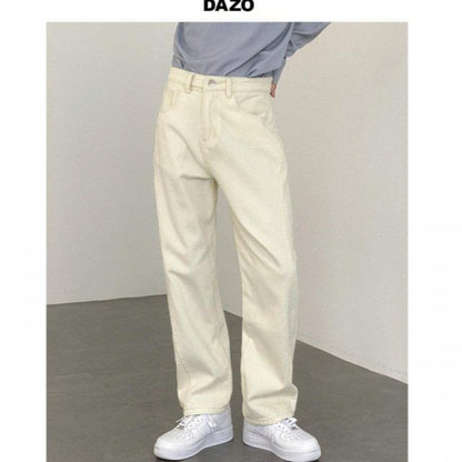 Men's Straight Leg Casual Jeans - Beige Loose Fit
