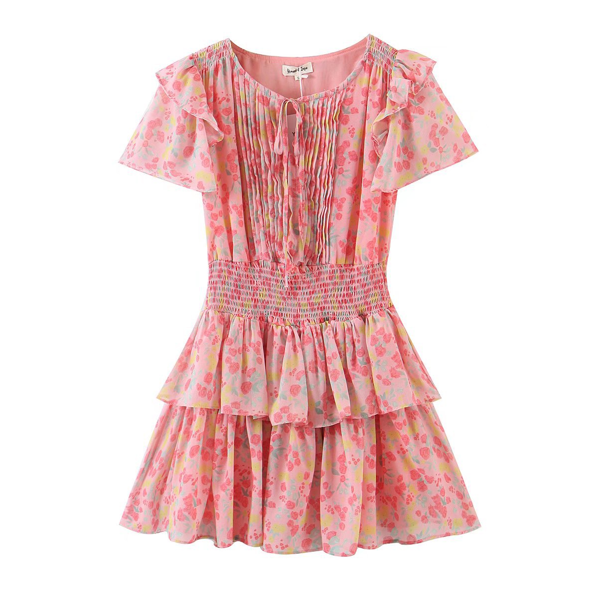 spring/summer new women's dress Europe and the United States style round neck tie short sleeve waist print ruffled edge layer dress female