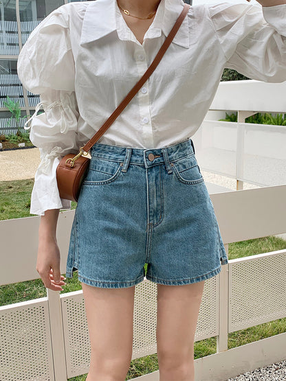Denim shorts women summer new elastic fashion thin hot pants European high waist A line wide leg pants women