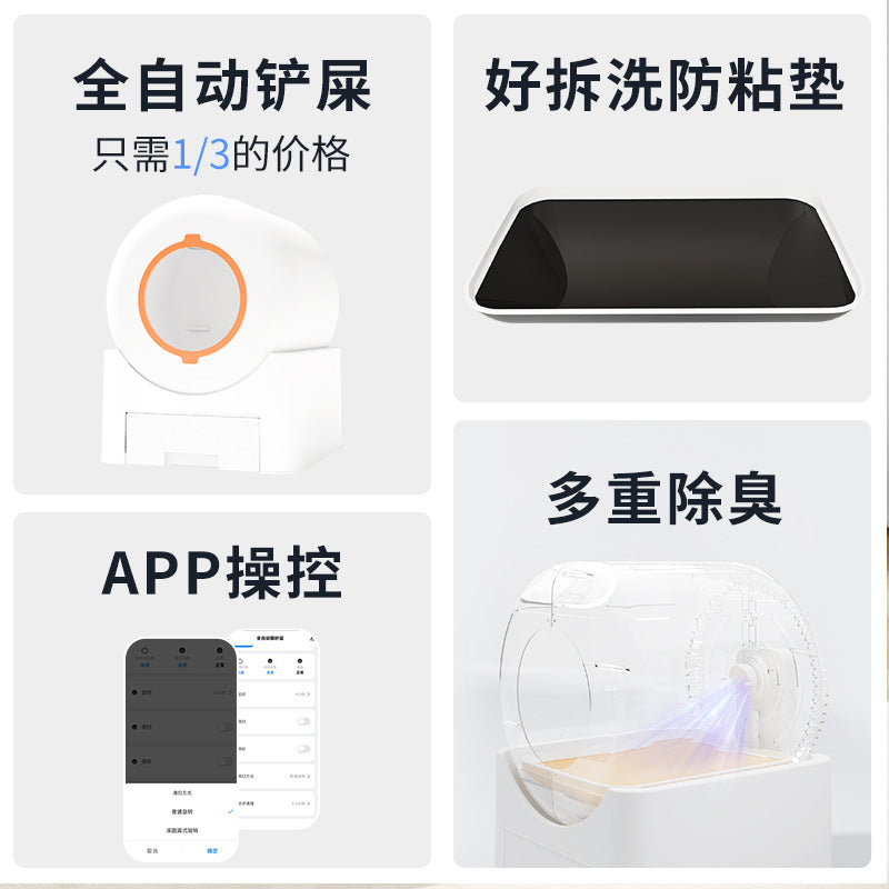 The art cat litter box automatically closes, deodorizes, sterilizes and prevents splashing. It can be remotely controlled by a mobile phone for cats