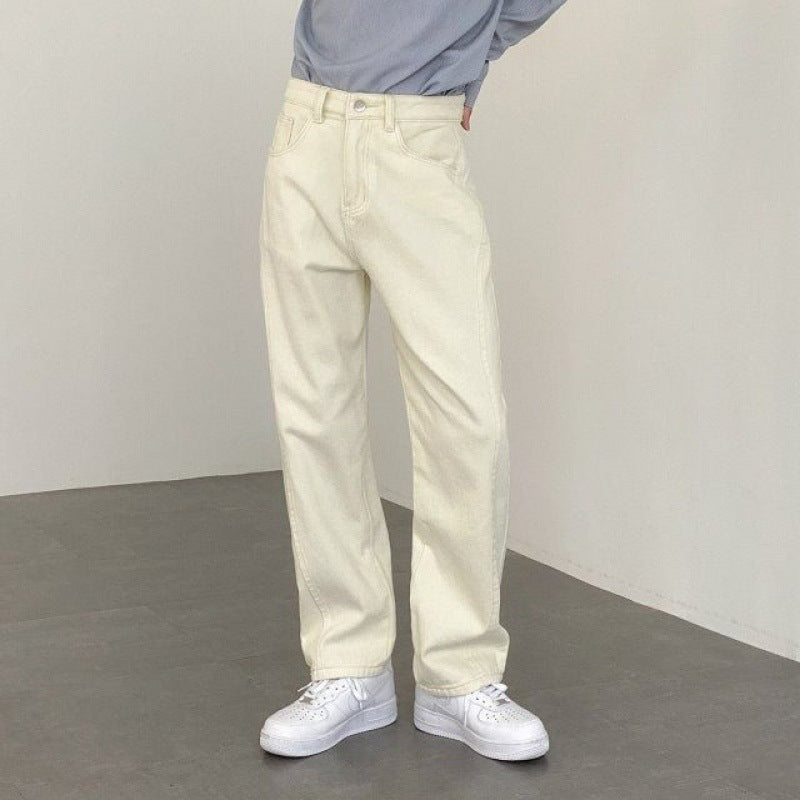 Men's Straight Leg Casual Jeans - Beige Loose Fit