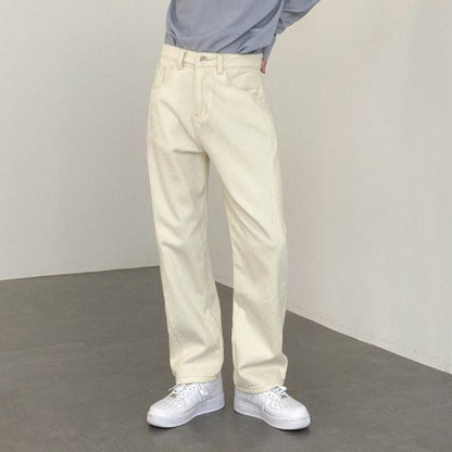 Men's Straight Leg Casual Jeans - Beige Loose Fit