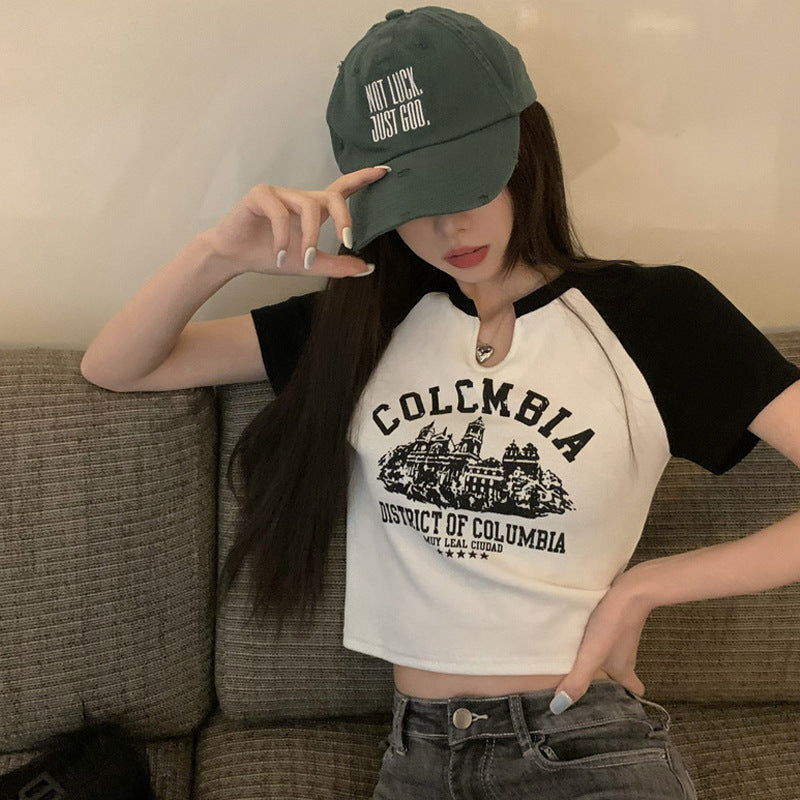 Spice Girl V-neck short-sleeved T-shirt female summer new American retro design feeling base shirt female short student top women's dress