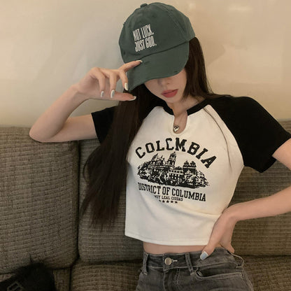 Spice Girl V-neck short-sleeved T-shirt female summer new American retro design feeling base shirt female short student top women's dress