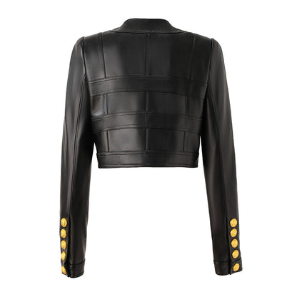 2023 Europe and the United States cross-border PU leather splicing small round neck shoulder pad cardigan high street wind small coat top temperament small jacket