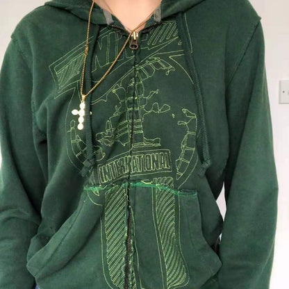 European and American fashion hooded zipper cardigan 2021 Amazon cross-border women's casual loose print hoodie w