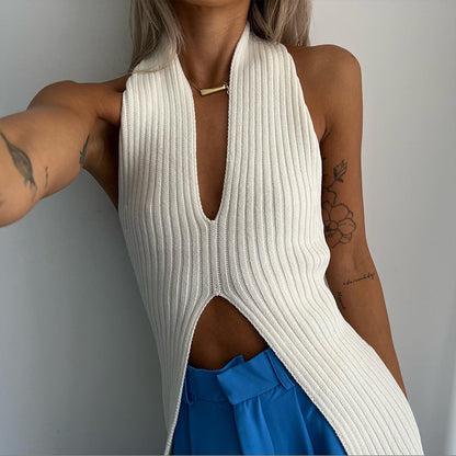 Knitted split medium long vest Europe and the United States spring and summer a generation of cross-border low-cut backless sexy blouse