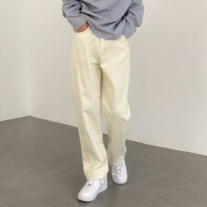 Men's Straight Leg Casual Jeans - Beige Loose Fit