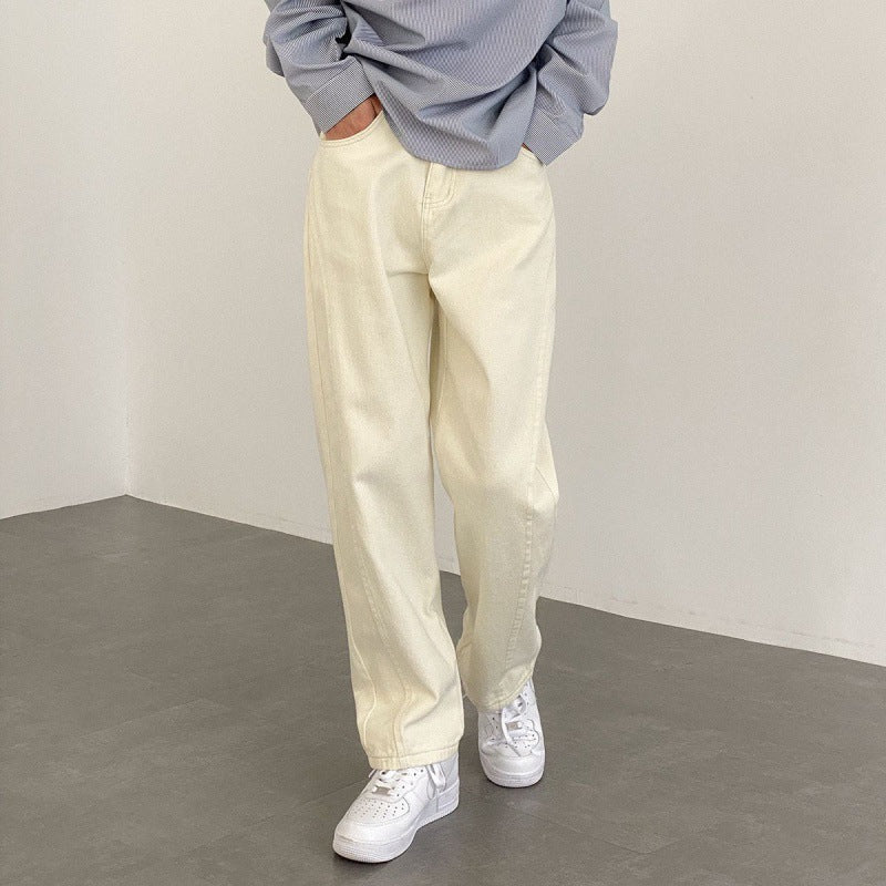 Men's Straight Leg Casual Jeans - Beige Loose Fit