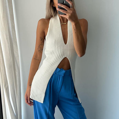 Knitted split medium long vest Europe and the United States spring and summer a generation of cross-border low-cut backless sexy blouse