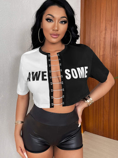 Europe and the United States new women's cross-border fashion letter cardigan T-shirt Amazon selling round neck color chain shirt