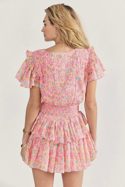 spring/summer new women's dress Europe and the United States style round neck tie short sleeve waist print ruffled edge layer dress female