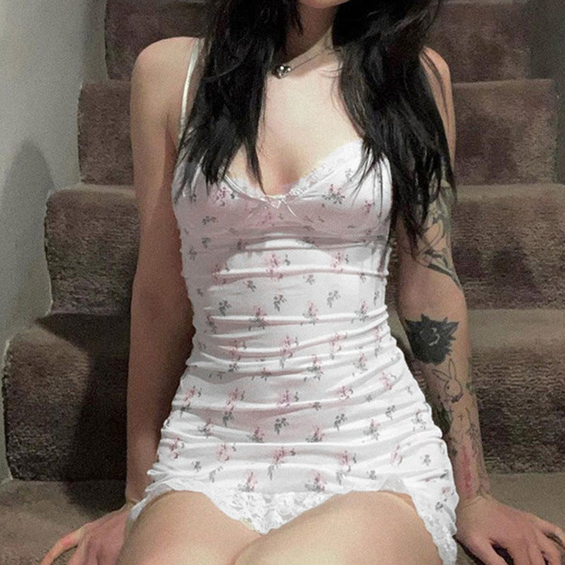 Small floral contrast color lace splicing sexy low-cut pure wind belt bag hip dress short skirt women 2022 new