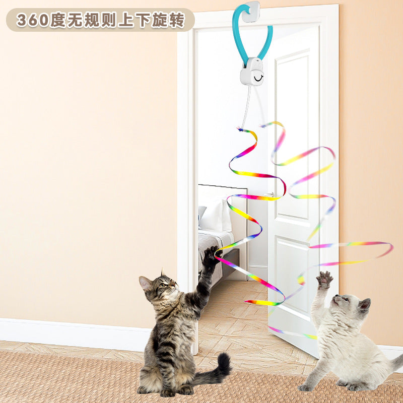 Hanging electric door cat toy for self-entertainment and boredom, rotating ribbon automatic cat toy, cat toy stick