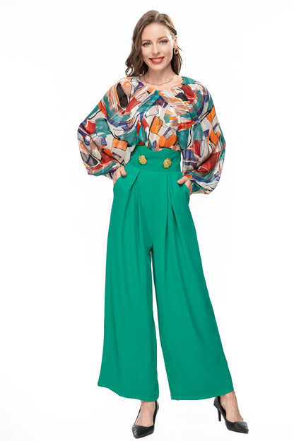 Europe and the United States spring and summer cross-border women's new temperament French printed fashionable top waist wide leg trouser set 231008