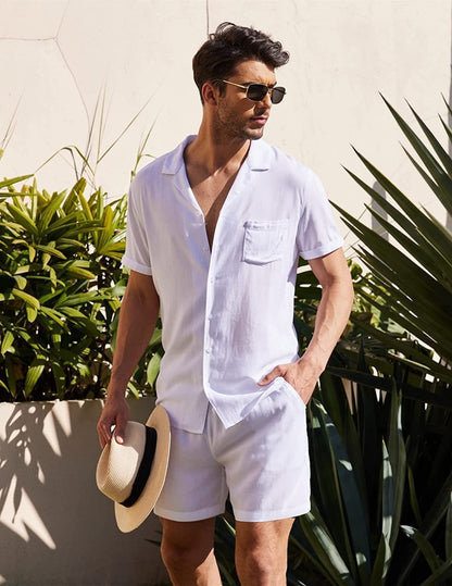 Linen Short Sleeve Shirt and Shorts Set - Casual Loose Fit