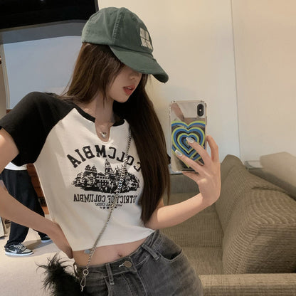 Spice Girl V-neck short-sleeved T-shirt female summer new American retro design feeling base shirt female short student top women's dress
