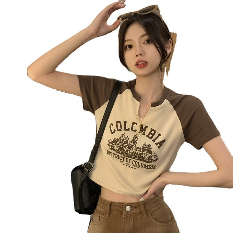 Spice Girl V-neck short-sleeved T-shirt female summer new American retro design feeling base shirt female short student top women's dress