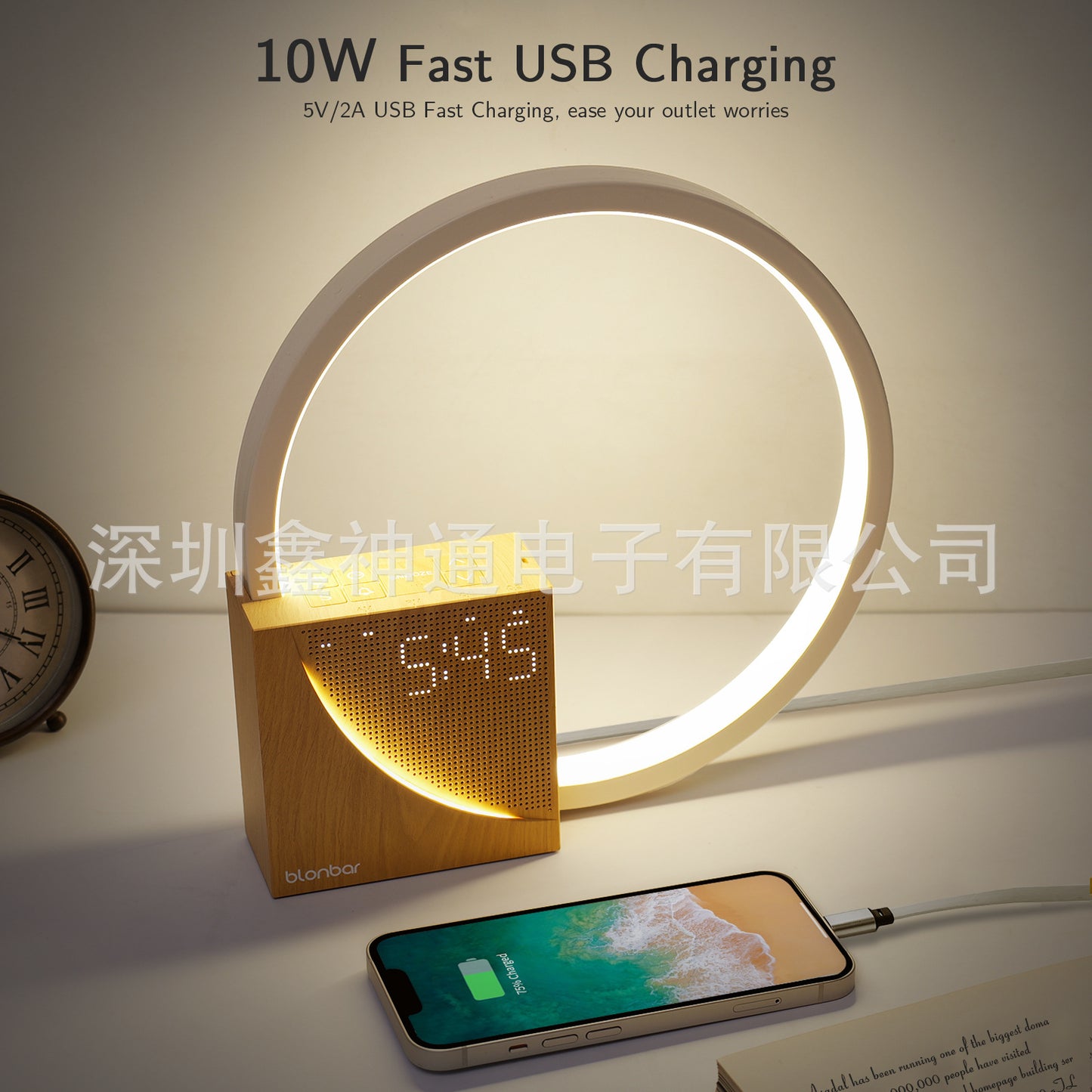 AJ300 White Noise Desk Lamp Alarm Clock, 10W charger, Touch Night light, Wake-up Light, Reading eye-protecting bedside lamp