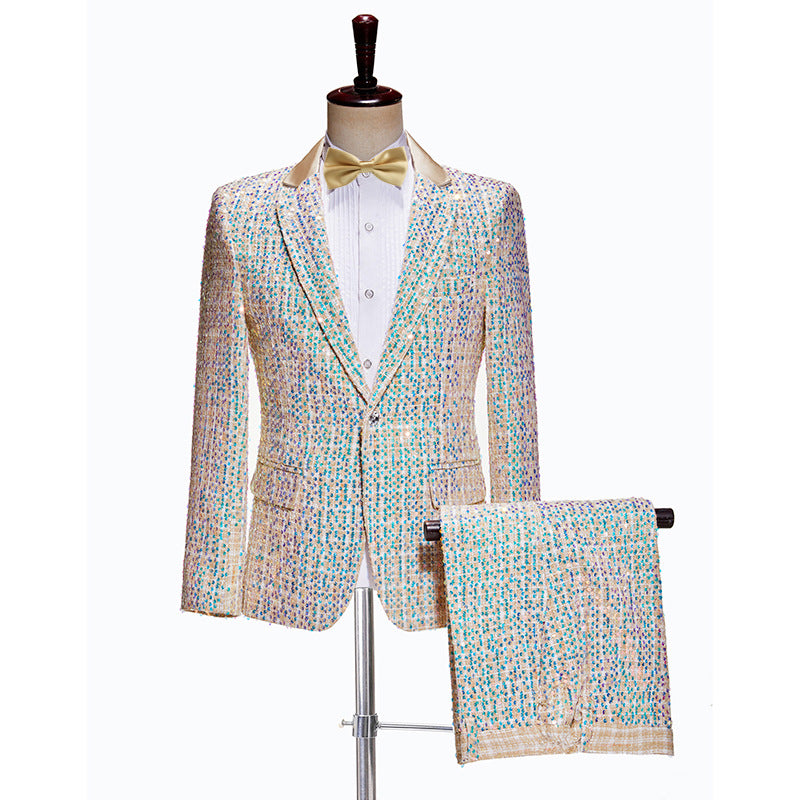Men's Champagne Sequin Suit with Bow Tie