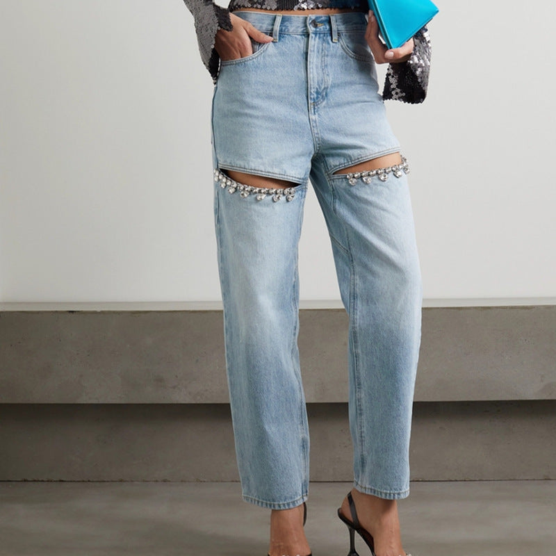 Europe and the United States cross-border 2023 new autumn nine-minute pants women crystal decorated high-waisted straight leg jeans