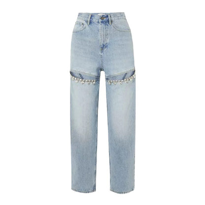 Europe and the United States cross-border 2023 new autumn nine-minute pants women crystal decorated high-waisted straight leg jeans