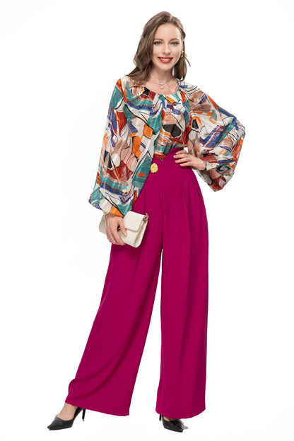 Europe and the United States spring and summer cross-border women's new temperament French printed fashionable top waist wide leg trouser set 231008