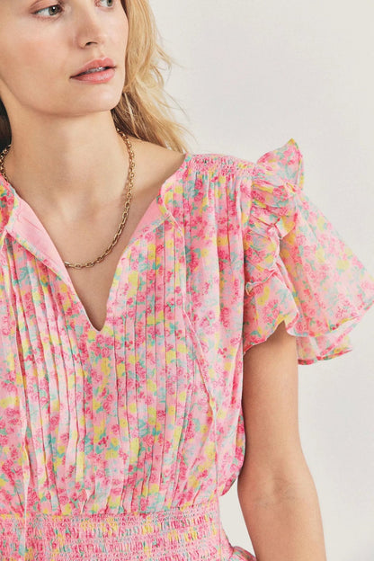 spring/summer new women's dress Europe and the United States style round neck tie short sleeve waist print ruffled edge layer dress female