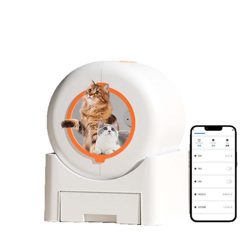 The art cat litter box automatically closes, deodorizes, sterilizes and prevents splashing. It can be remotely controlled by a mobile phone for cats