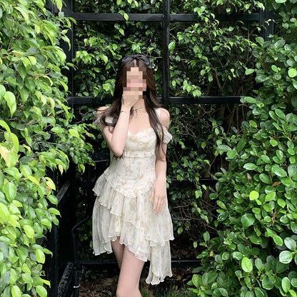 Heavy industry irregular stacked floral summer sweet wind fairy dress