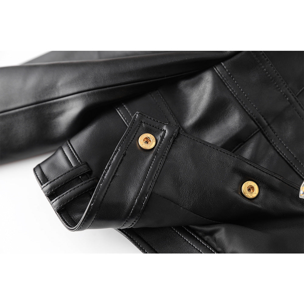 2023 Europe and the United States cross-border PU leather splicing small round neck shoulder pad cardigan high street wind small coat top temperament small jacket