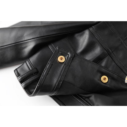 2023 Europe and the United States cross-border PU leather splicing small round neck shoulder pad cardigan high street wind small coat top temperament small jacket