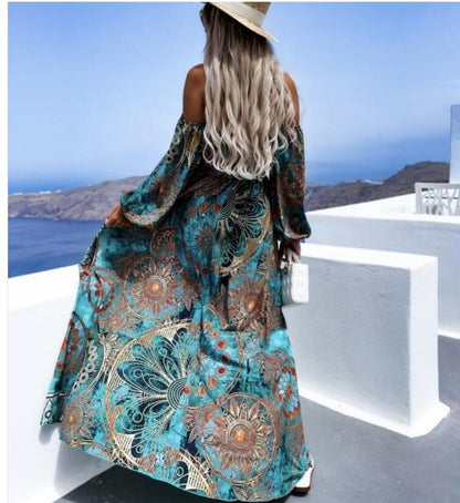 Europe and the United States summer new line collar long sleeve peacock print long dress