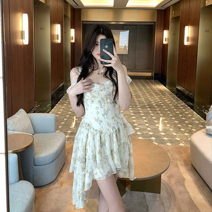 Heavy industry irregular stacked floral summer sweet wind fairy dress