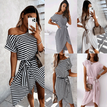 New Europe and the United States cross-border spring and summer new striped print casual fashion irregular dress