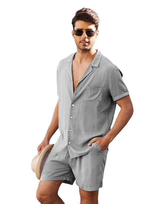 Linen Short Sleeve Shirt and Shorts Set - Casual Loose Fit