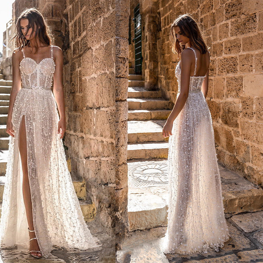 Europe and the United States foreign trade new women's halter sexy split wedding bridesmaid dress Amazon long cotton dress with chest