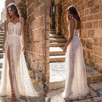 Europe and the United States foreign trade new women's halter sexy split wedding bridesmaid dress Amazon long cotton dress with chest
